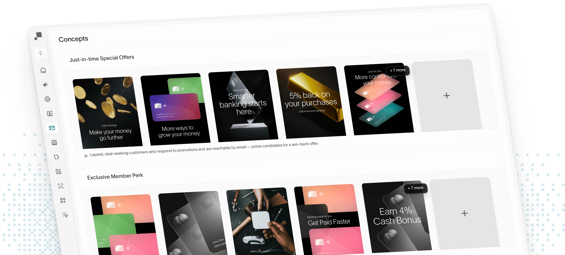 Hightouch's Ad Studio displaying two campaign categories: 'Just-in-time Special Offers' showing promotional cards for savings and banking features, and 'Exclusive Member Perk' showcasing benefits like faster payments and cash bonus rewards.