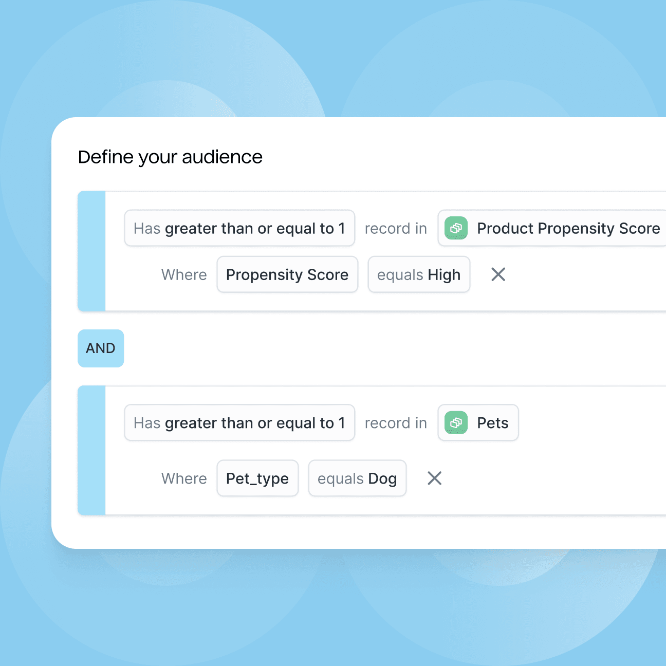 An abstract version of the Hightouch UI showing an Audience being defined. The matching criteria are that there is at least one "High" product propensity score and at least one pet that is a dog.