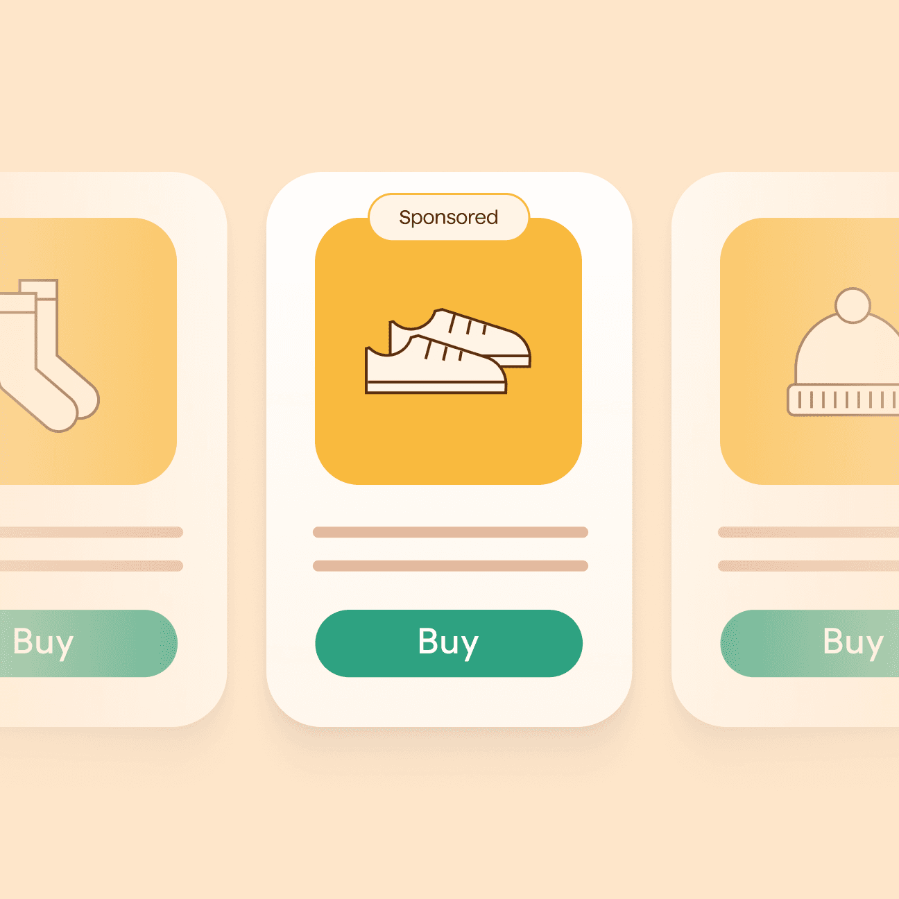 Abstract illustration showing showing three product listings. The middle product listing includes a "Sponsored" tag on it.