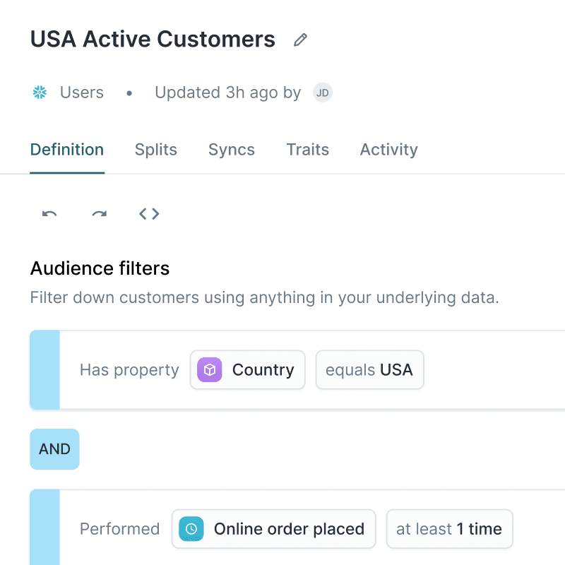 Hightouch Audience builder named 'USA Active Customers' with filters selecting users with their country equal to 'USA' and had ordered an online a product greater than $30 within 7 days.
