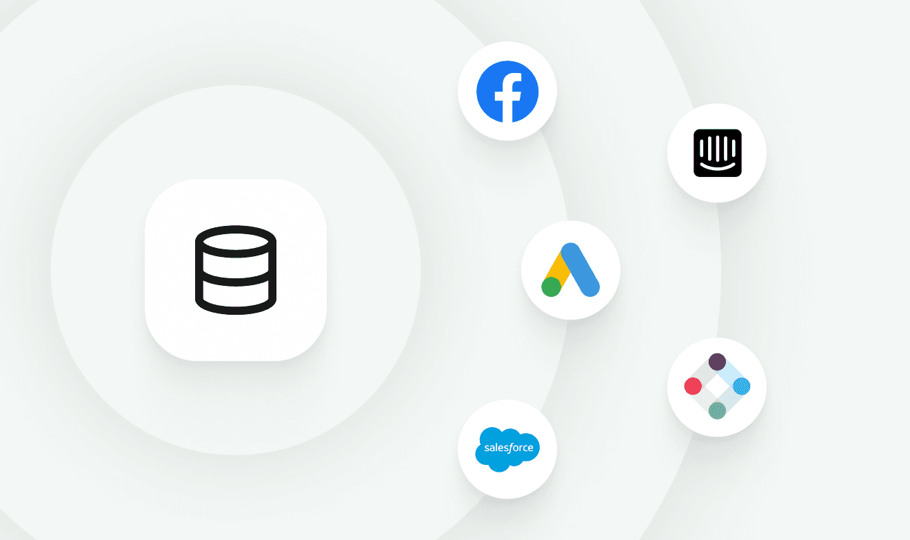 Abstract illustration showing a data warehouse on the left and a variety of destination logos on the right such as Facebook Ads, Slack, Intercom, Google Ads, and more.