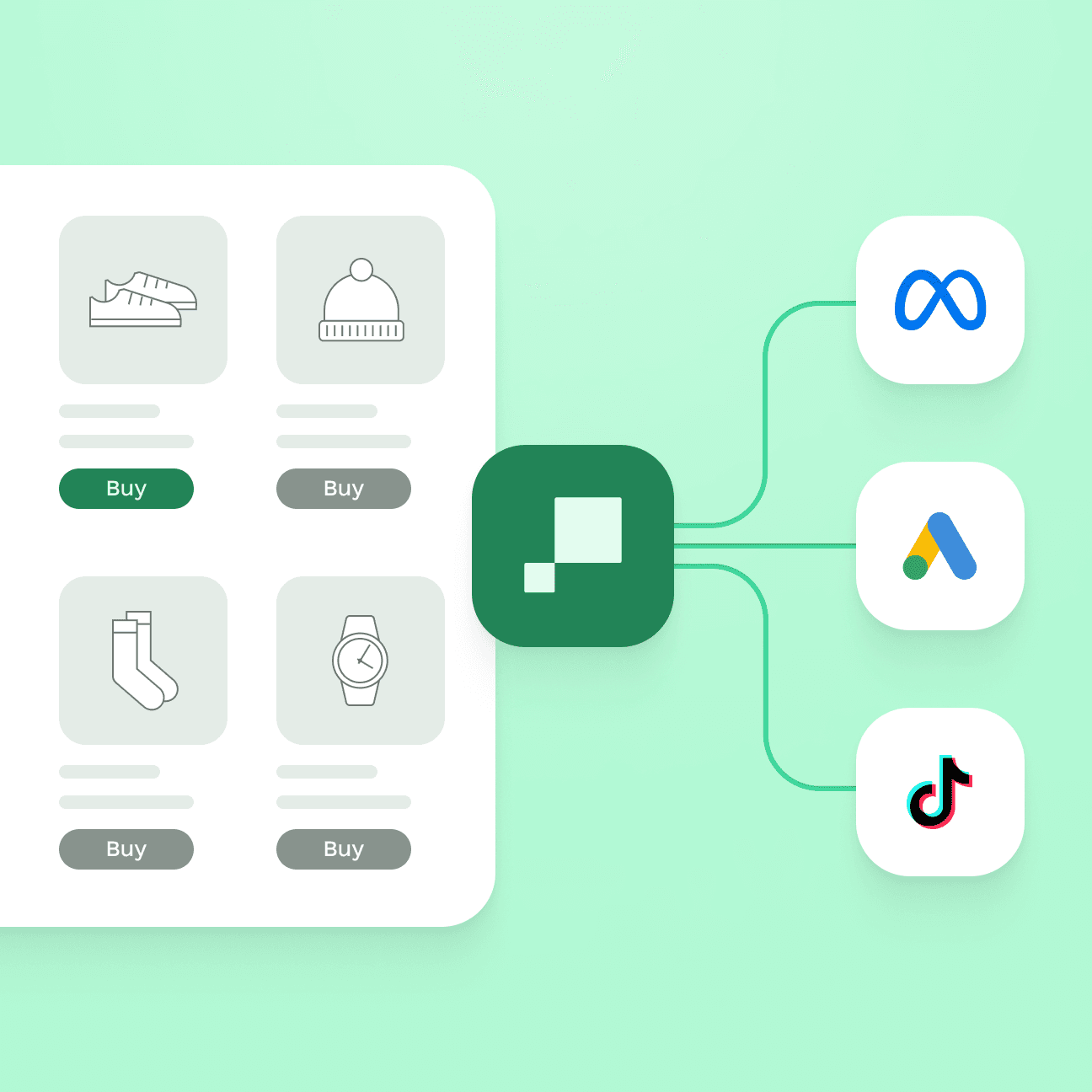 An abstract illustration showing a generic e-commerce platform with the "Buy" option selected for a pair of shoes. It then shows the Hightouch logo as a center point that is connecting the e-commerce page to the logos of Meta, Google Ads, and TikTok.