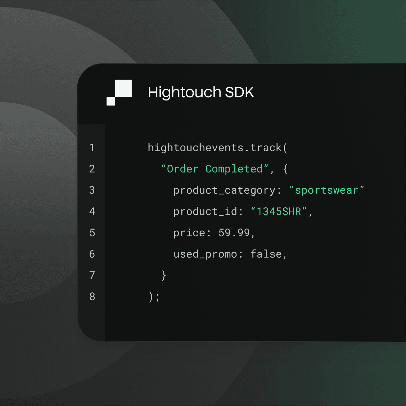An illustration showing an example code snippet for the Hightouch SDK. The code demonstrates using the "track" function to send an "Order Completed" event with additional metadata for "product_category", "product_id", "price", and "used_promo".