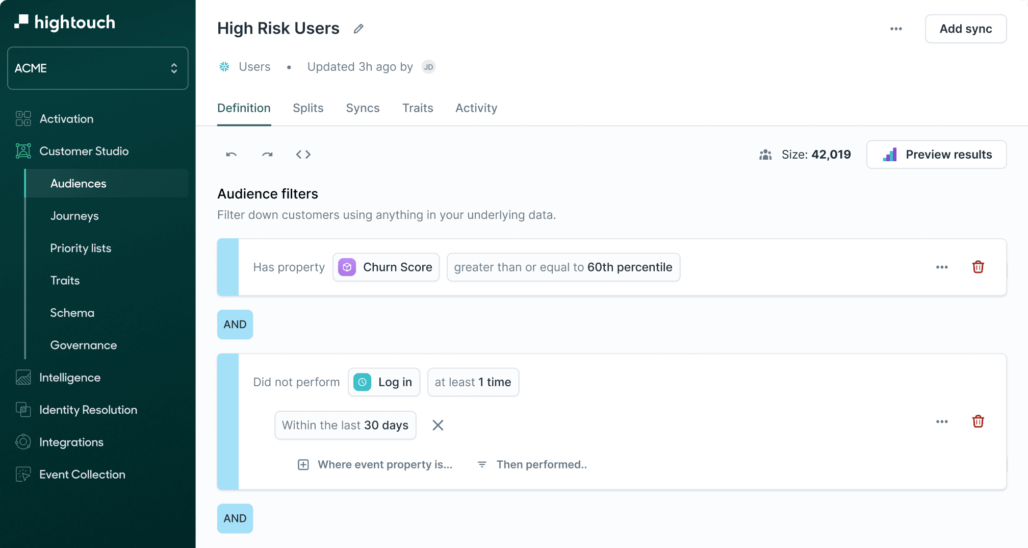 Hightouch Audiences user interface.