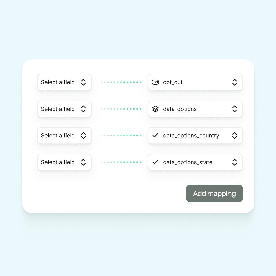 Hightouch ui displaying select fields mapping to fields for opt outs, data options, data options country, and data options state.