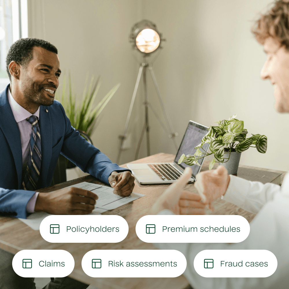 A photograph of an insurance agent and customer with a list of example data tables overlayed. The data tables included are for policyholders, premium schedules, claims, risk assessments, and fraud cases.