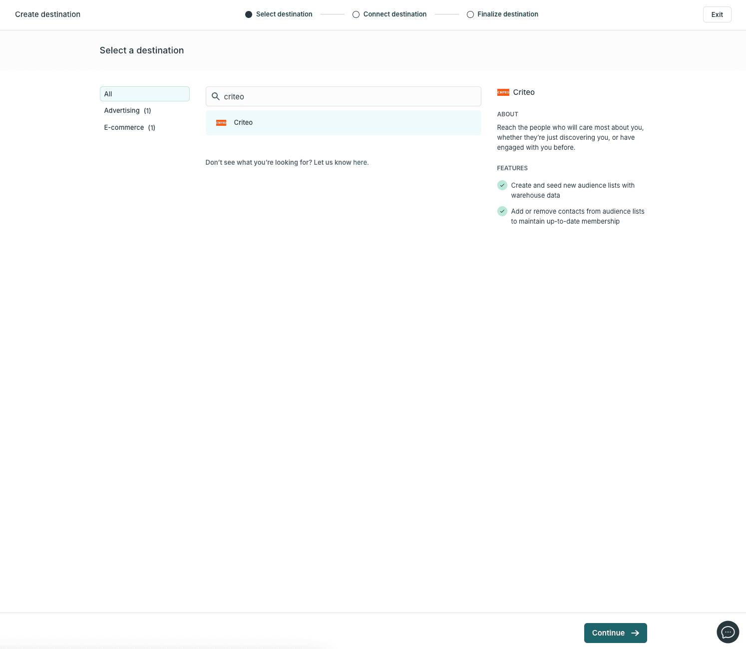 The Hightouch destination searching for the Criteo destination
