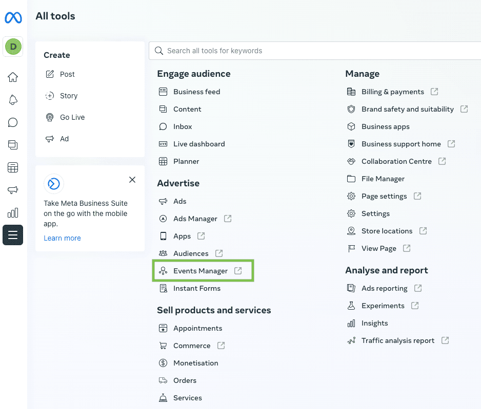 Selecting Events Manager on the Facebook Business Account