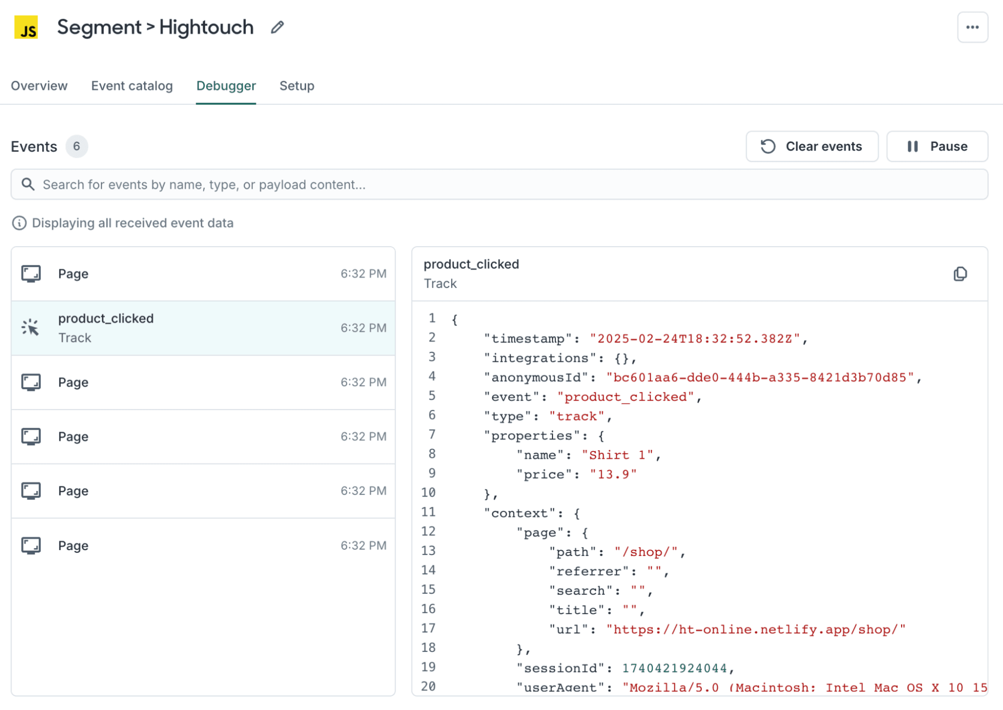 Hightouch debugger testing events