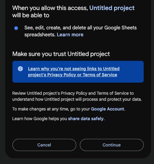 Step 5: Authorize access to Google App Scripts