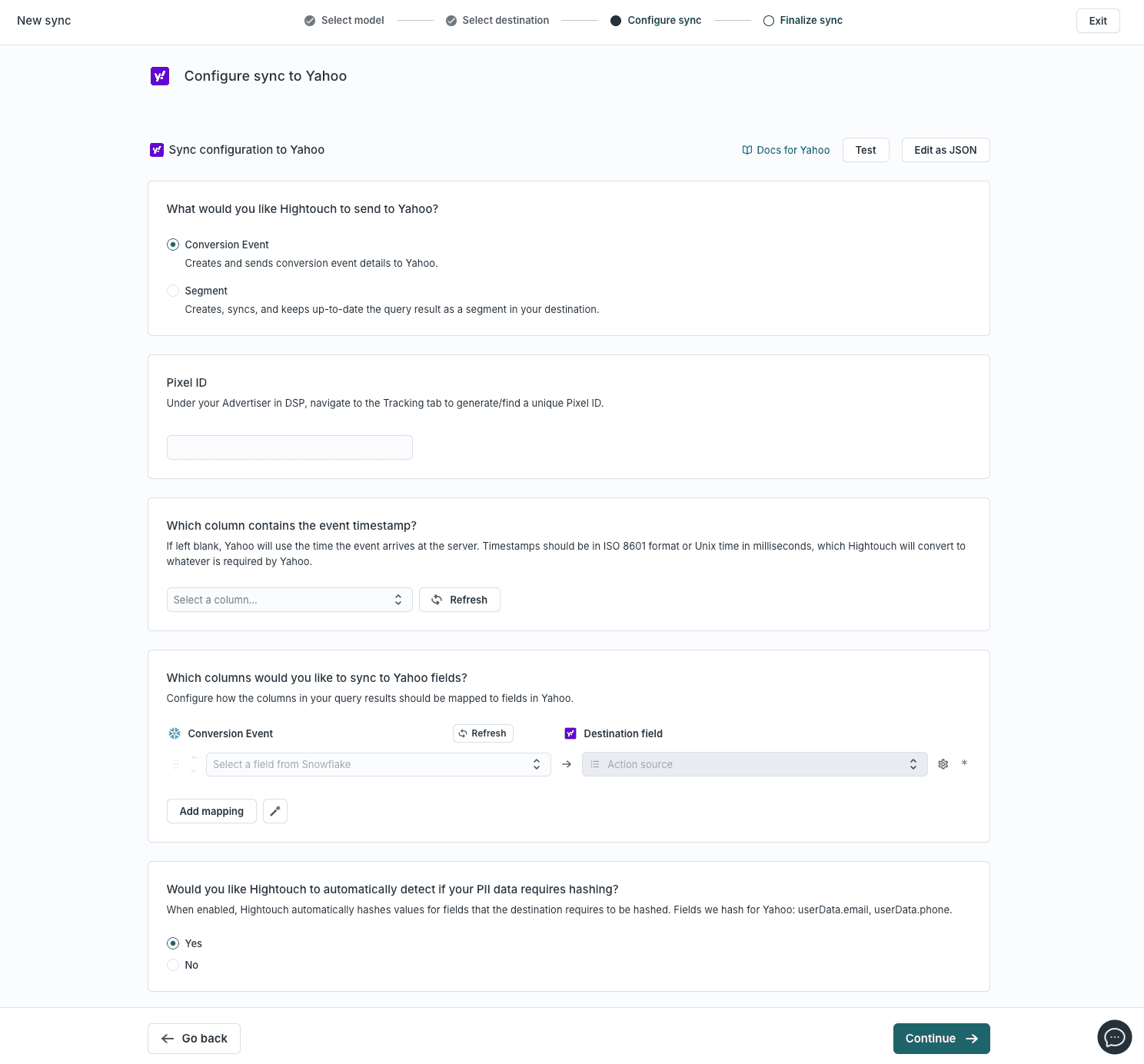 The sync setting need to send data to Yahoo through Hightouch