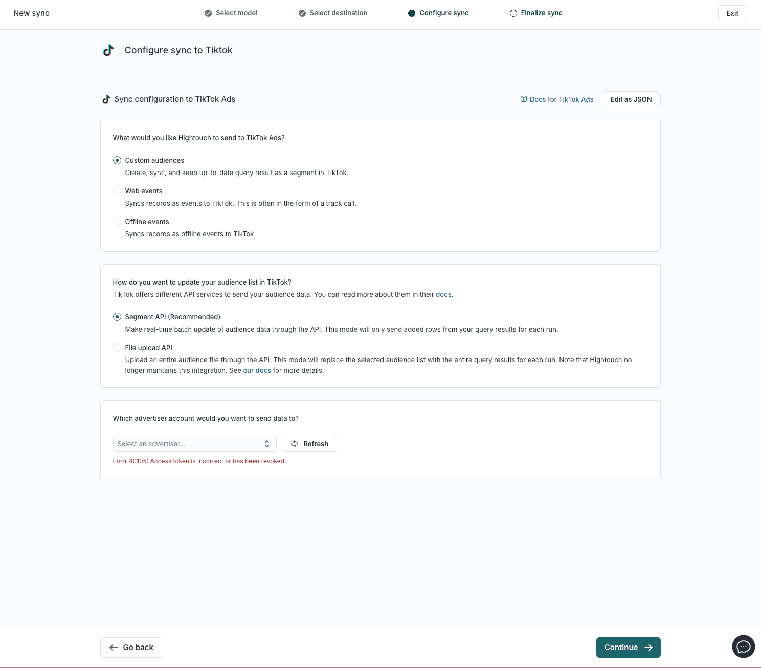 The sync setting for the TikTok conversion API in Hightouch