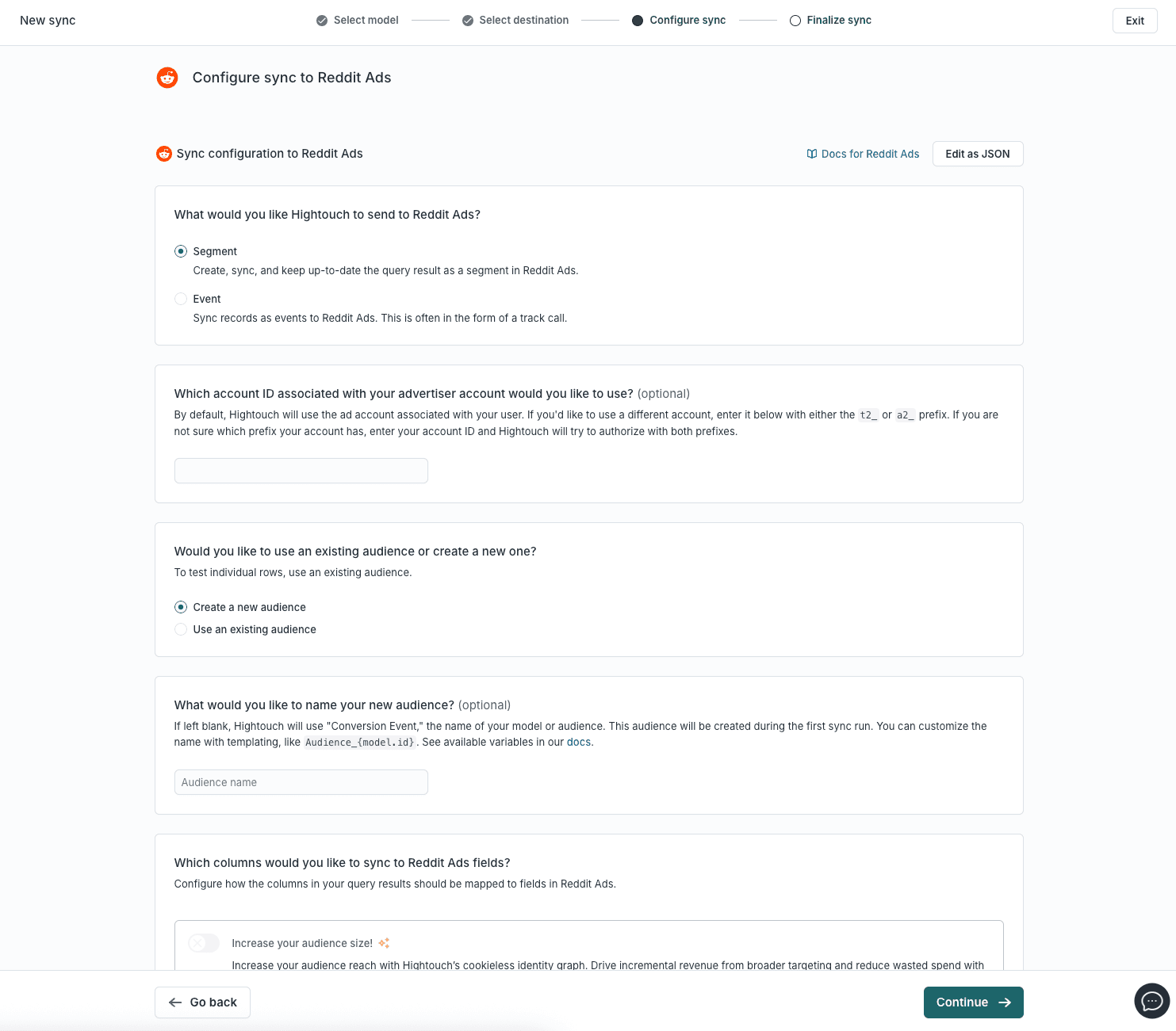The setting for setting up Reddit in Hightouch