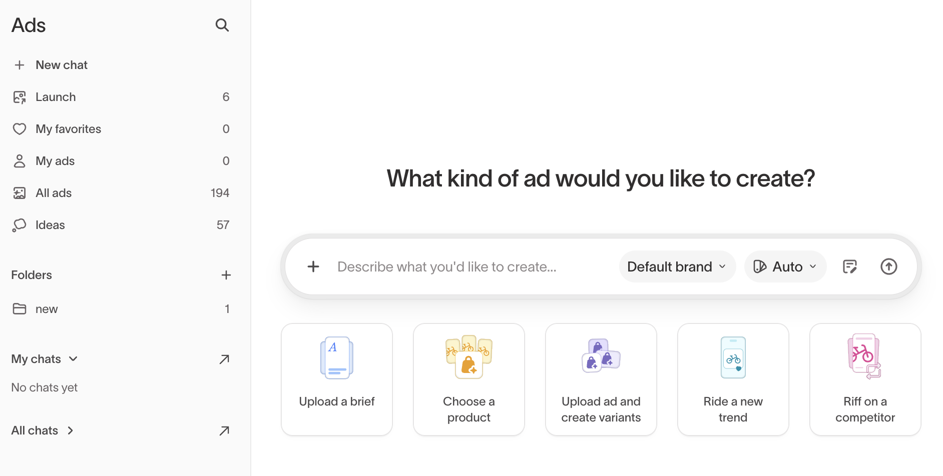 Ad Studio Ads sidebar with New chat selected and the create screen open