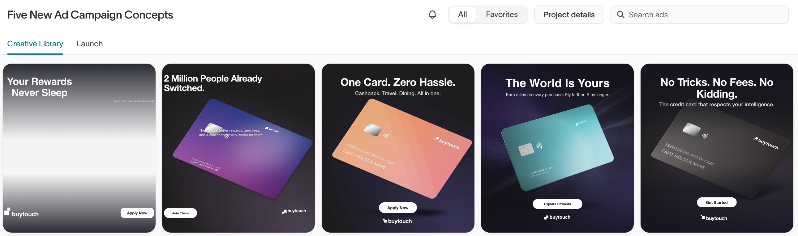 Project overview showing creative library and launch pipeline