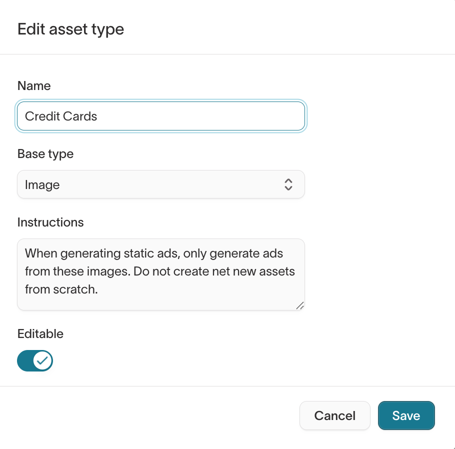 Edit asset type dialog