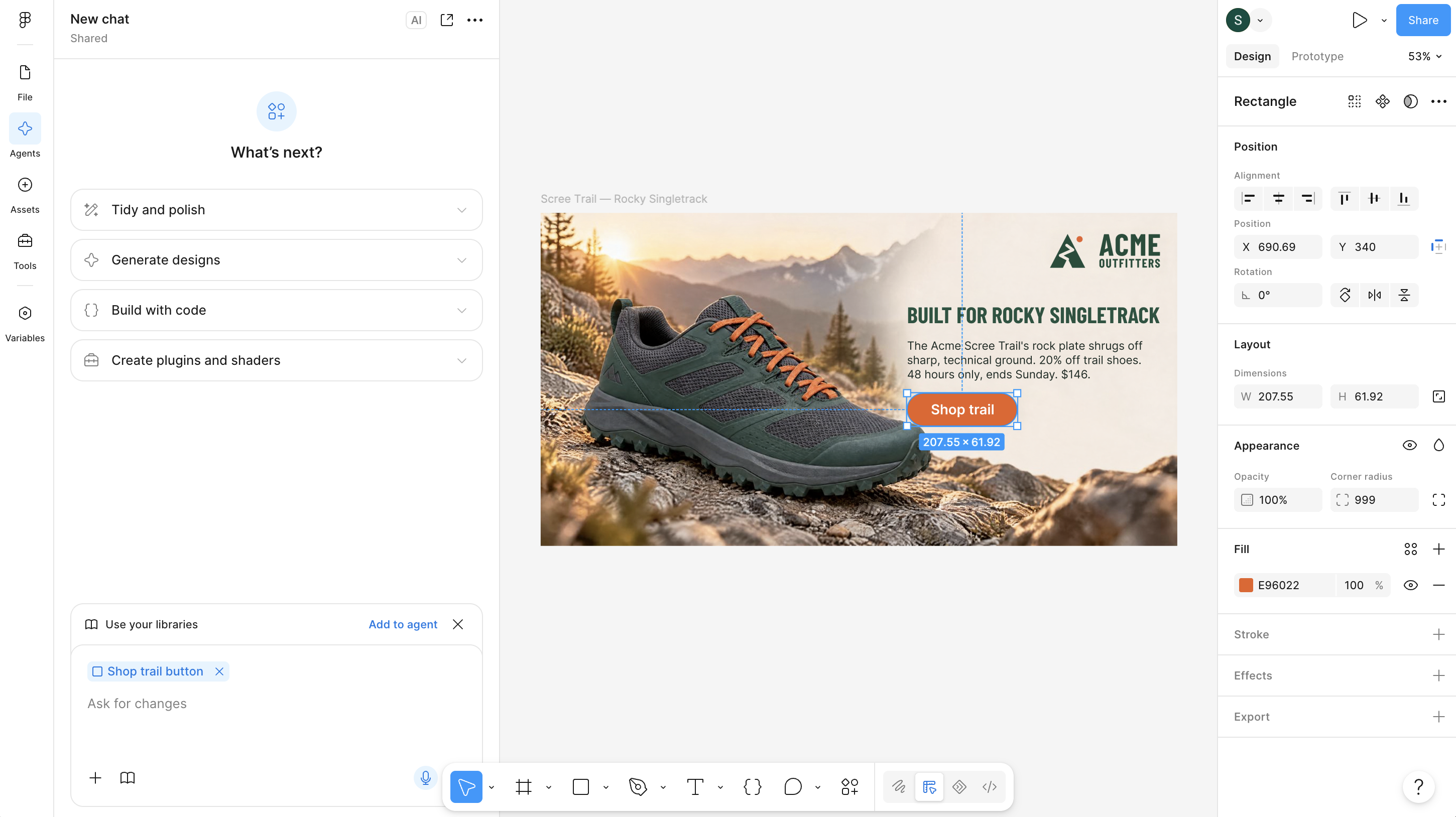 An imported ad on the Figma canvas with its call-to-action button selected as a separate, editable layer