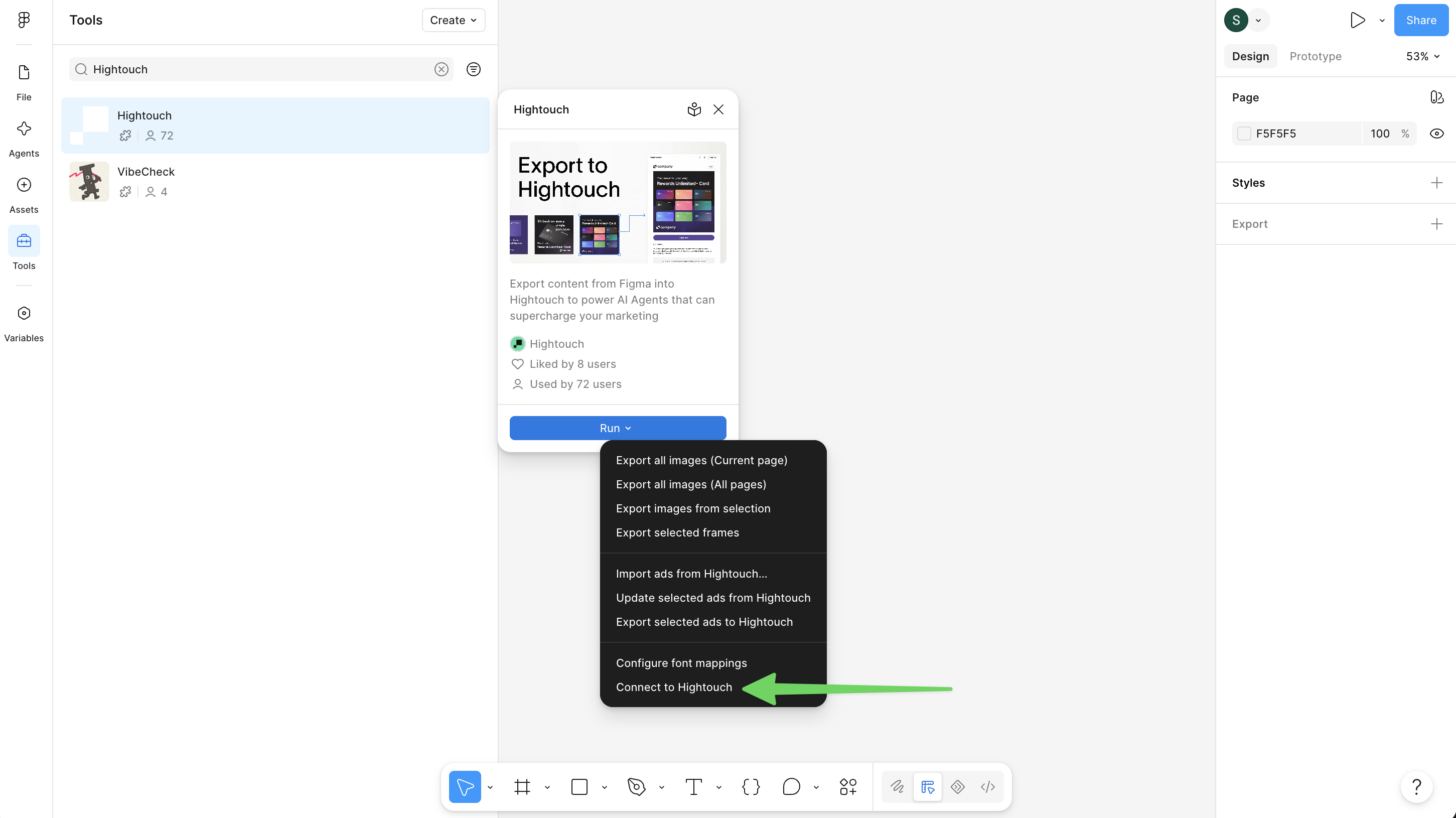 Hightouch plugin Run menu in the Figma Tools tab with Connect to Hightouch highlighted