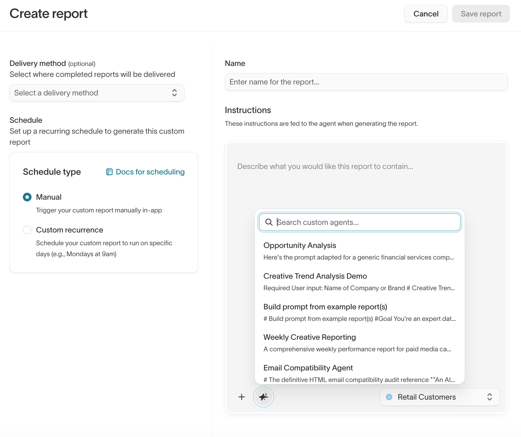 Create report with custom agent