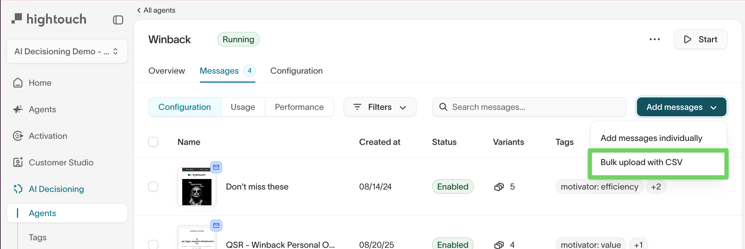 Bulk upload button in Messages UI