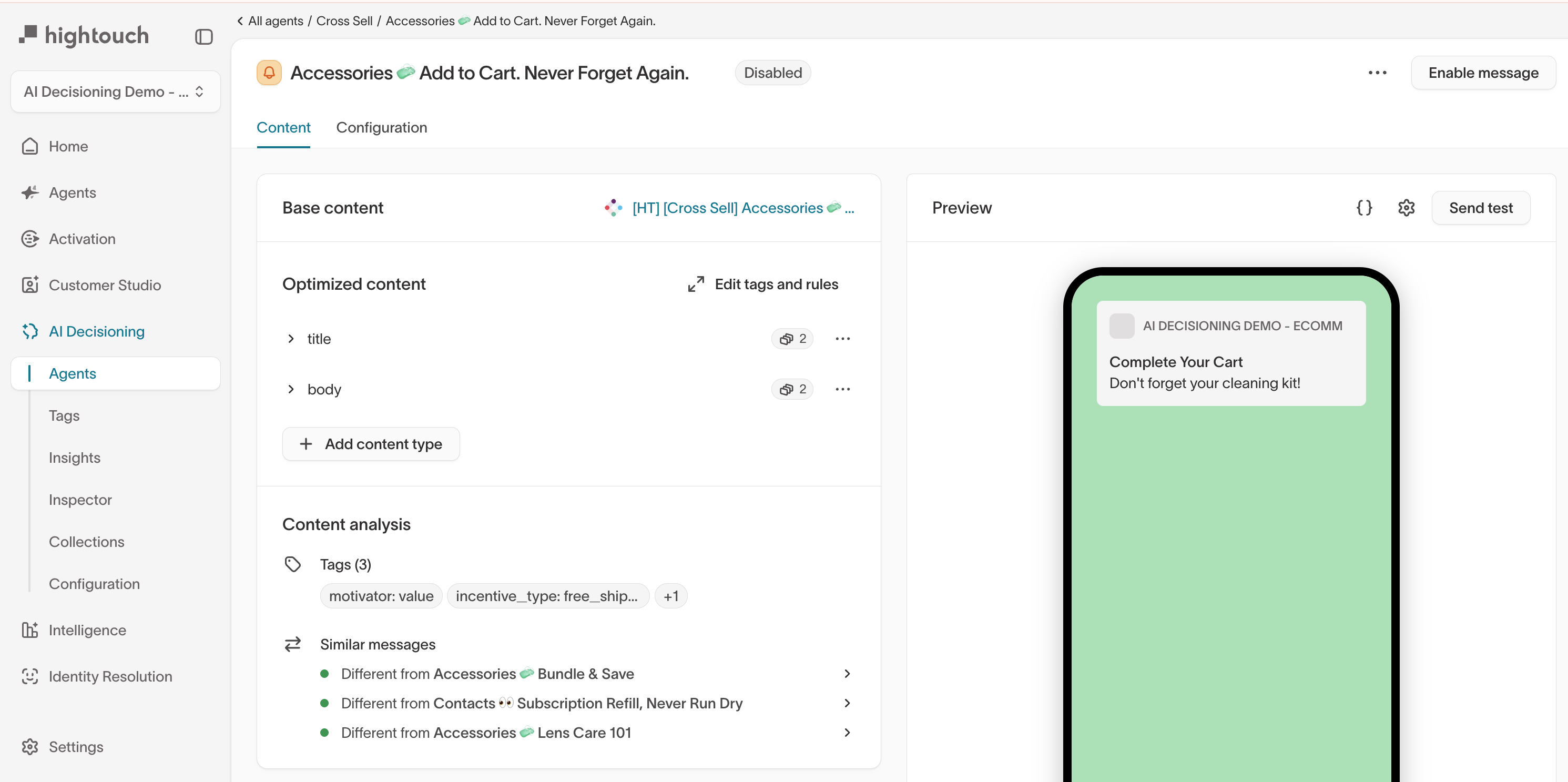 Content tab in Messages