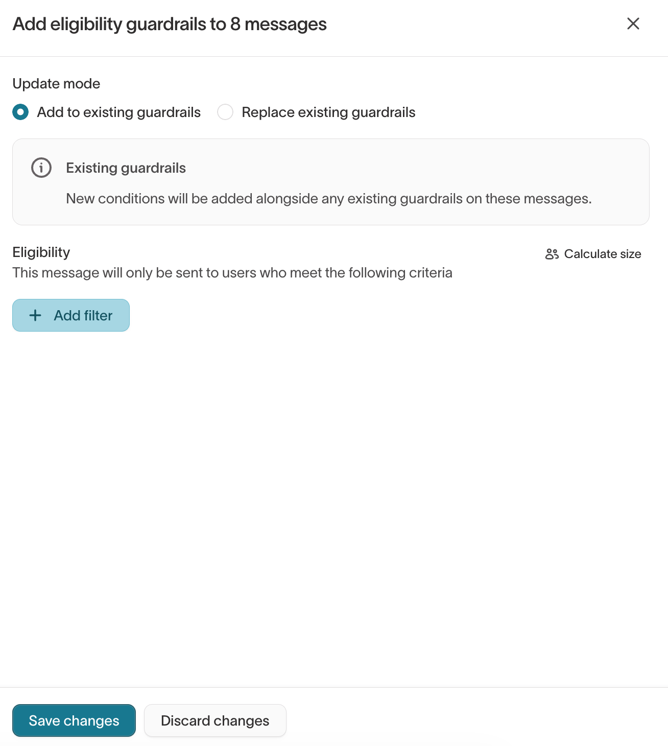 Bulk eligibility guardrails drawer showing Update mode with Add to existing and Replace existing options