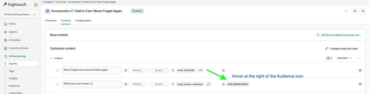 Audience eligibility at the individual variant option level