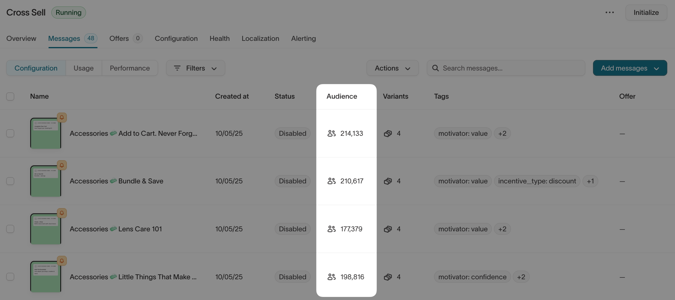 Audience size column in the AI Decisioning messages tab