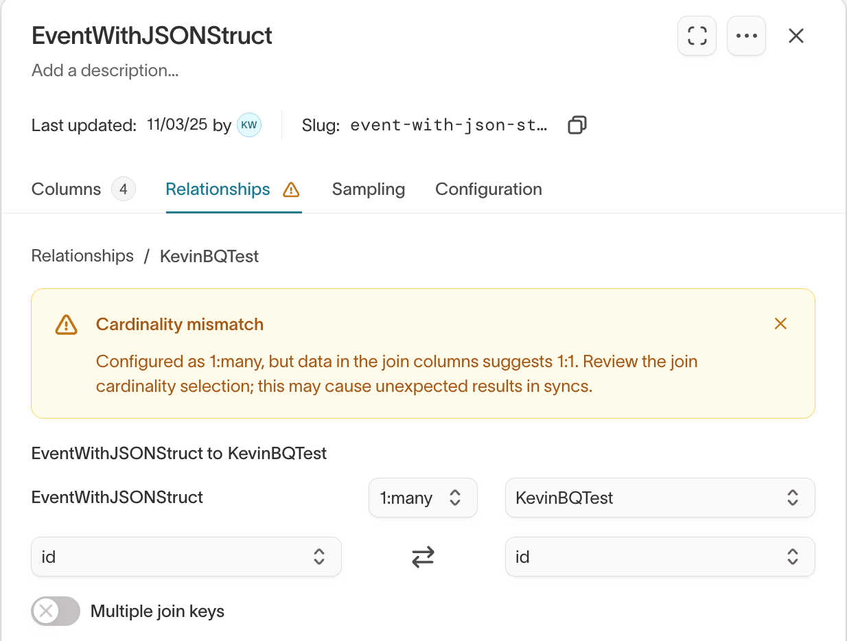 Cardinality mismatch warning in schema relationship settings