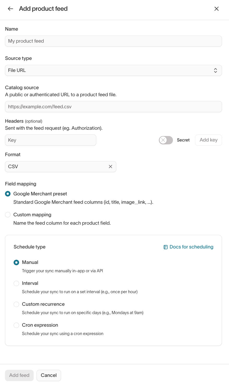 Add product feed panel with Name, Source type, Catalog source, Format, Field mapping, and Schedule type