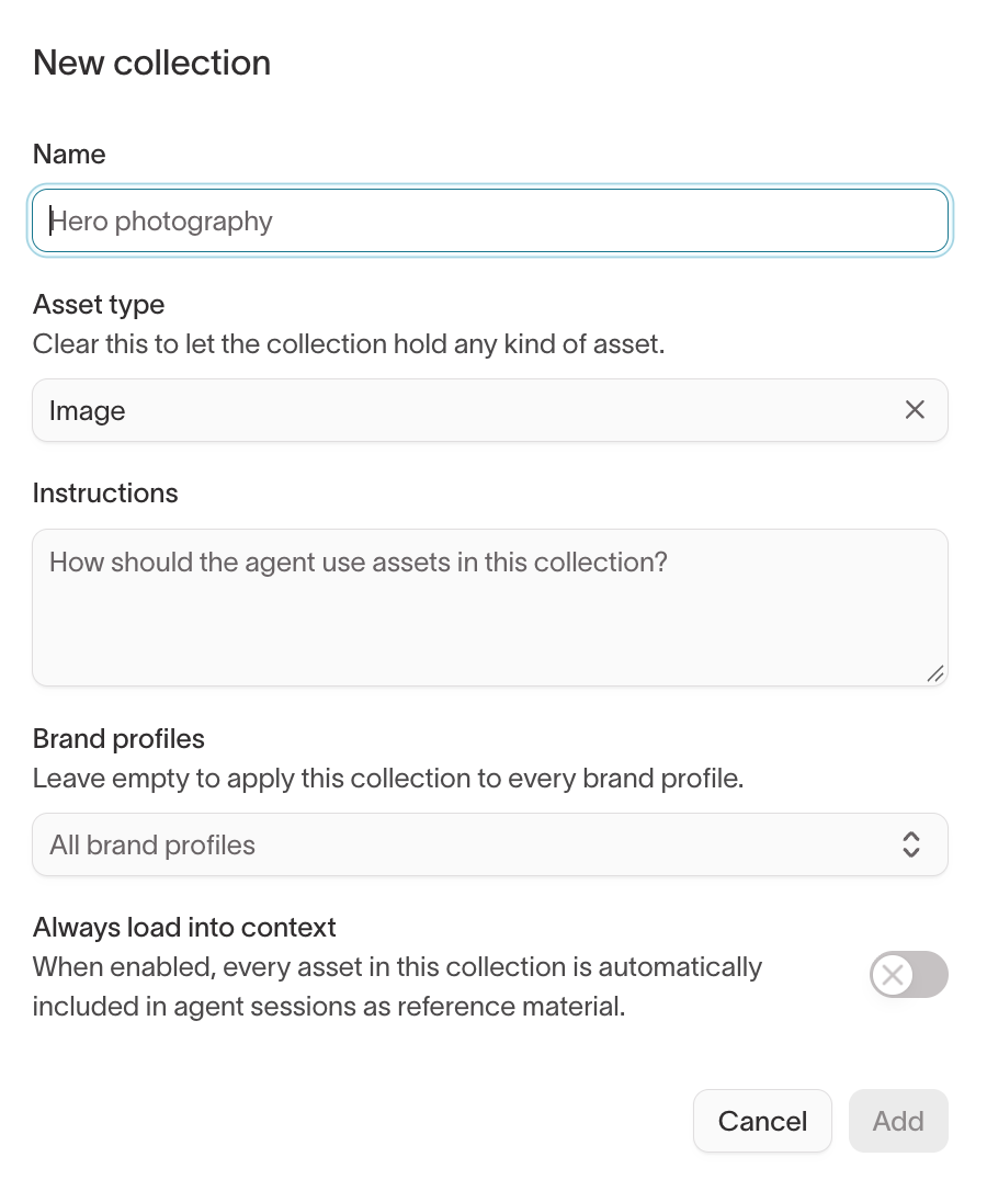 New collection dialog with Name, Asset type, Instructions, Brand profiles, and Always load into context