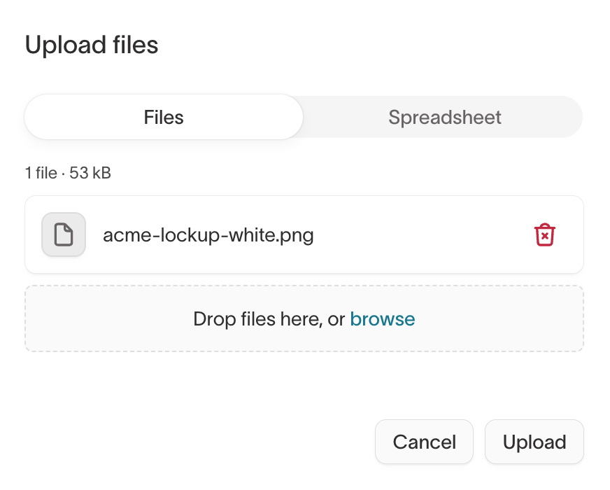 Upload files dialog with the Files and Spreadsheet options and one file ready to upload