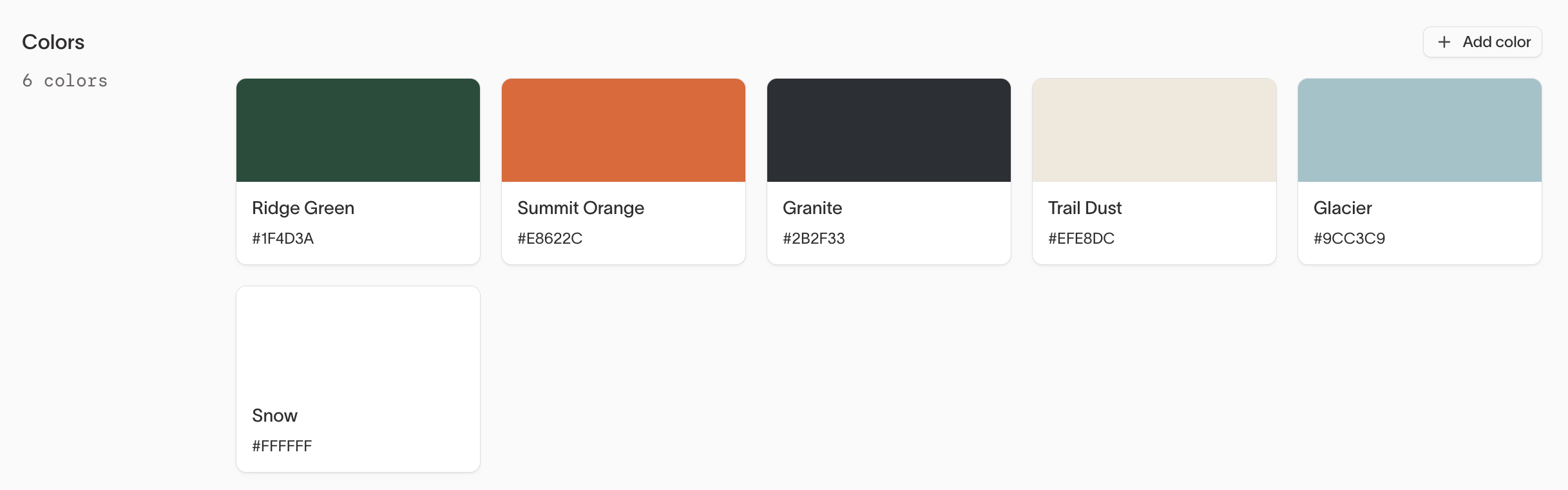 Colors section with six named brand colors and their hex values