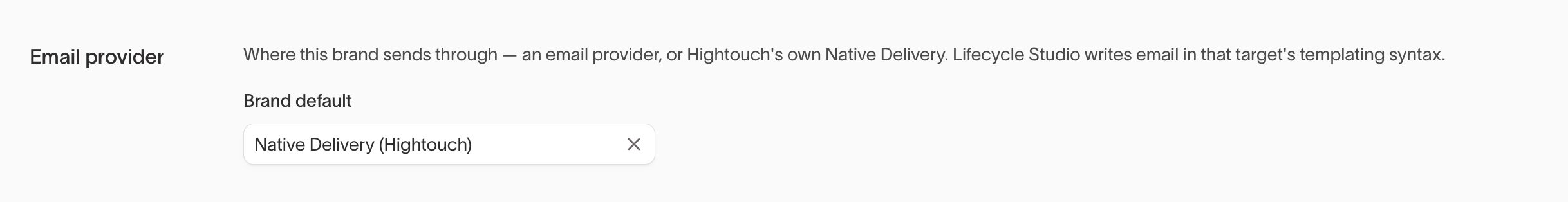 Email provider section with Brand default set to Native Delivery