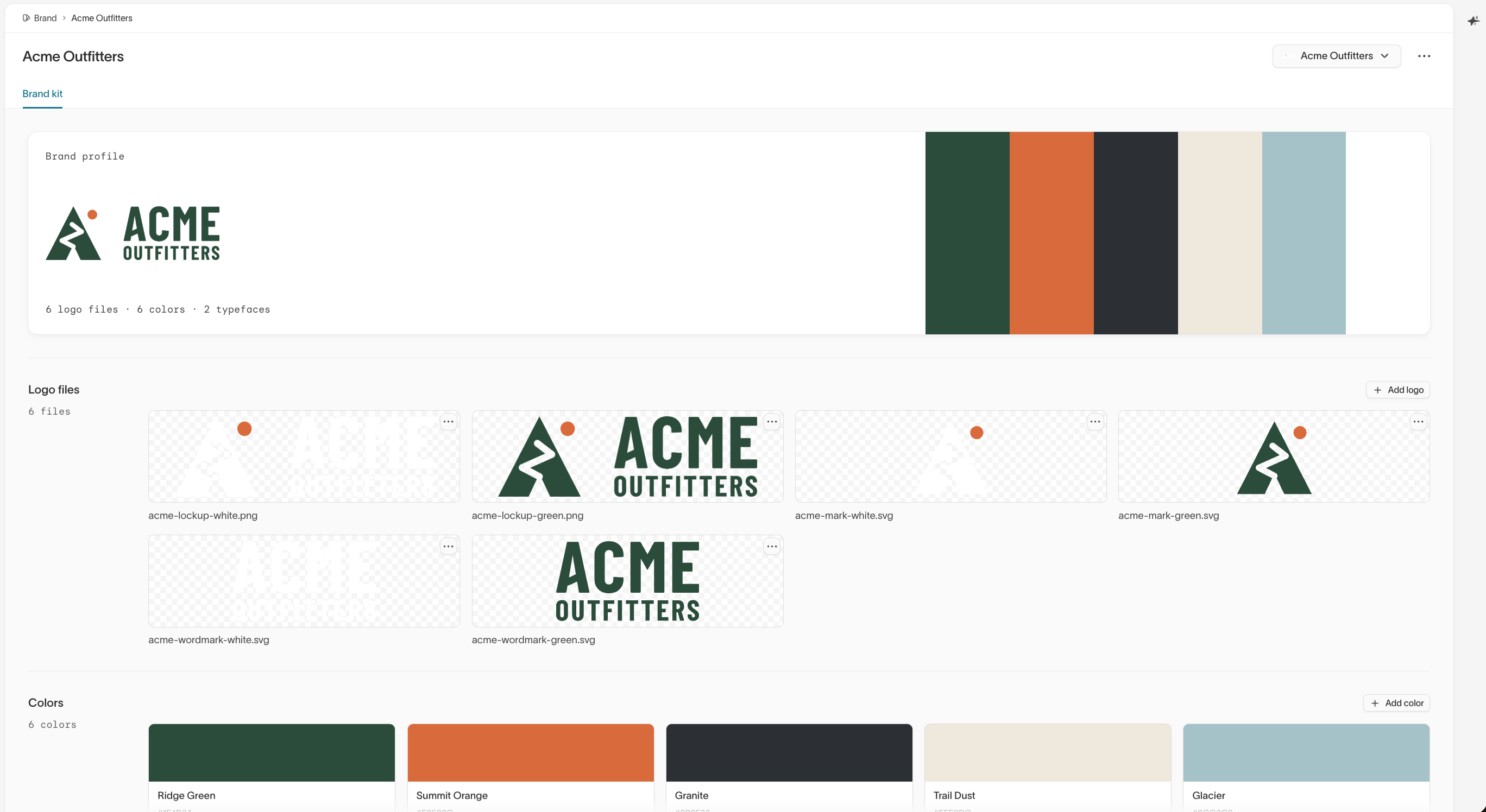 Brand kit for a brand profile, with a summary card, logo files, and colors