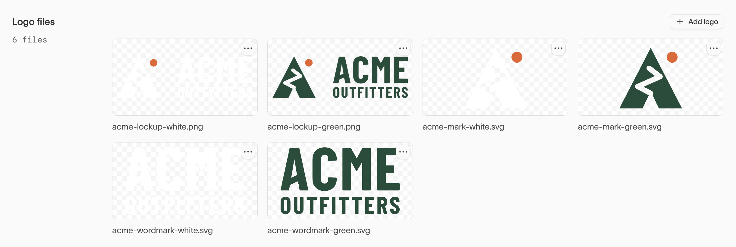 Logo files section with lockup, mark, and wordmark logos in white and green variants