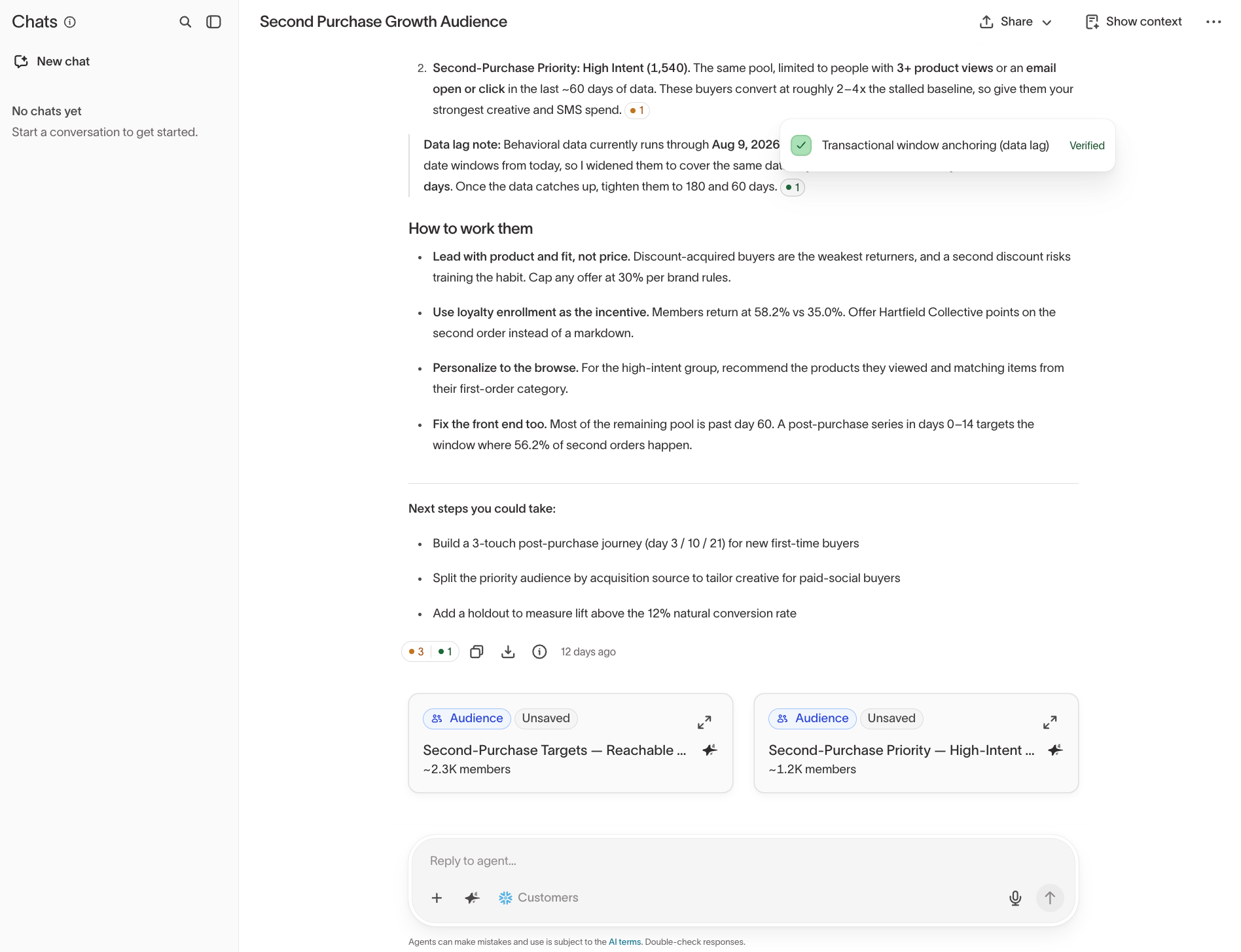 Agent answer with a pill beside a paragraph, hovered to show the Verified definition behind it