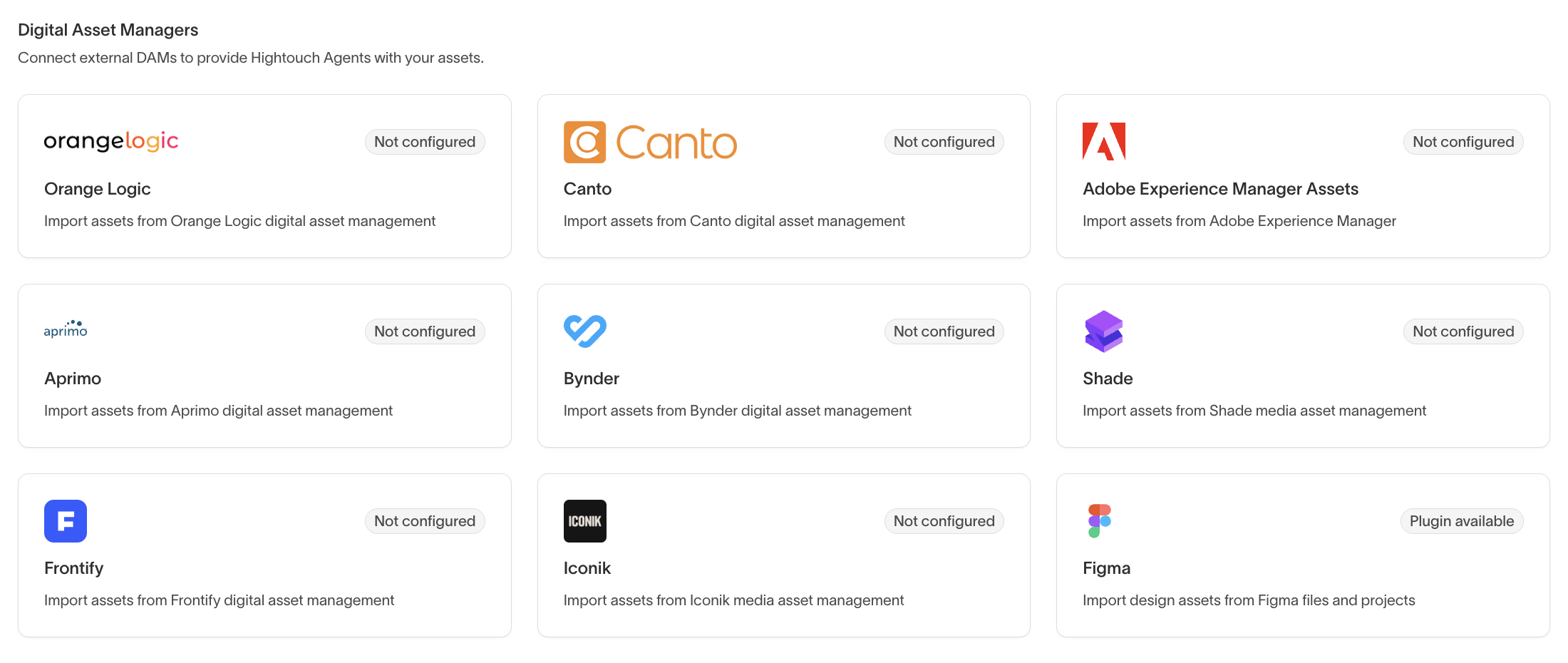 Digital Asset Managers card with DAM providers and the Figma plugin card