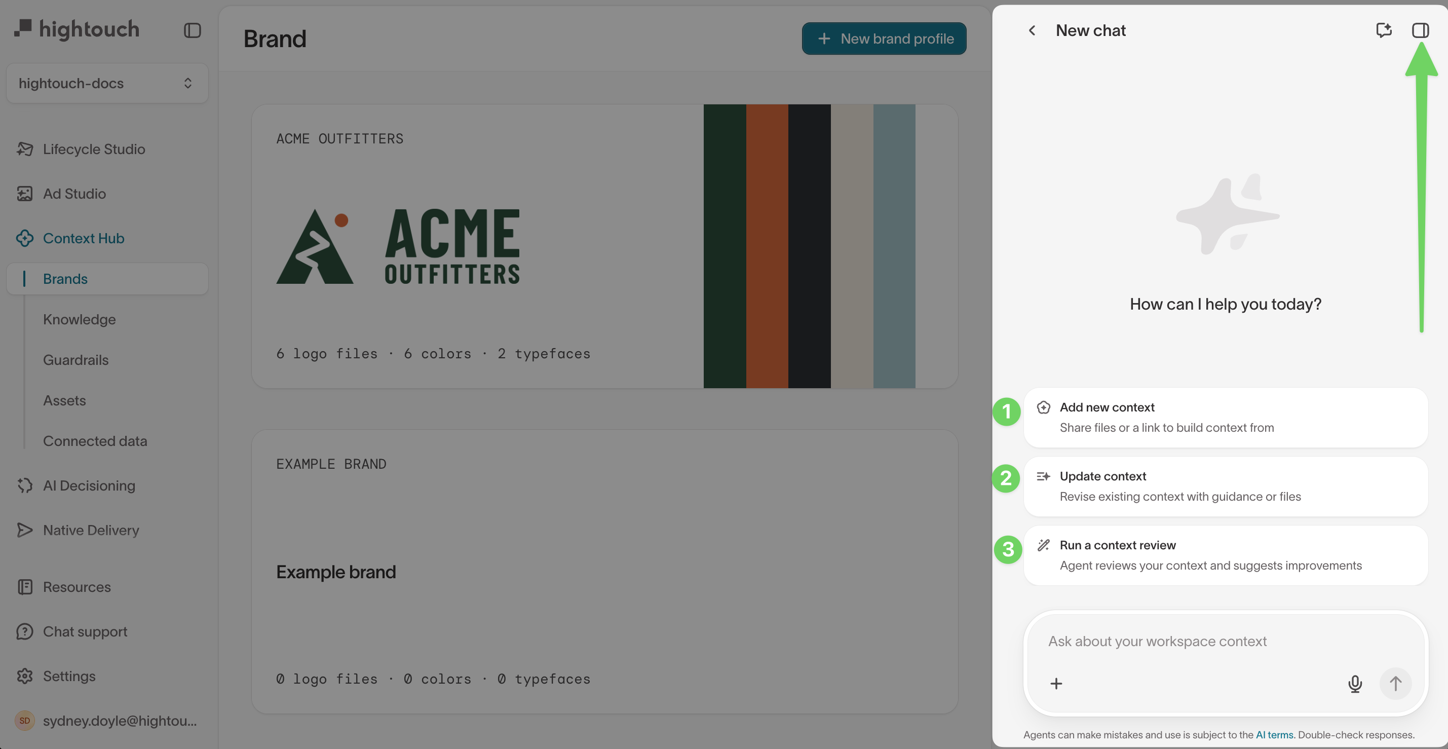 Context Agent chat panel open on the Brands page, with the Add new context, Update context, and Run a context review starters