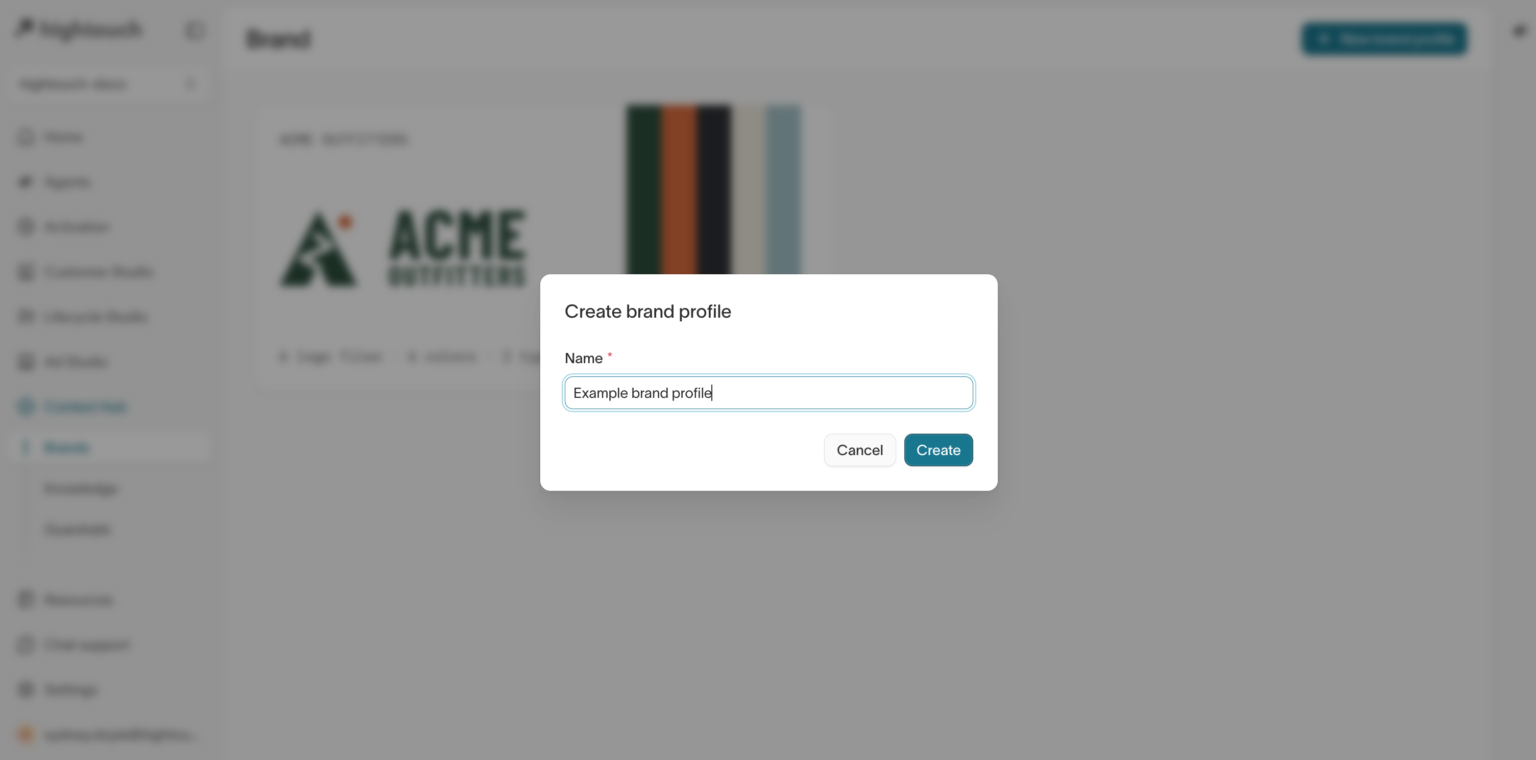Create brand profile dialog with the Name field