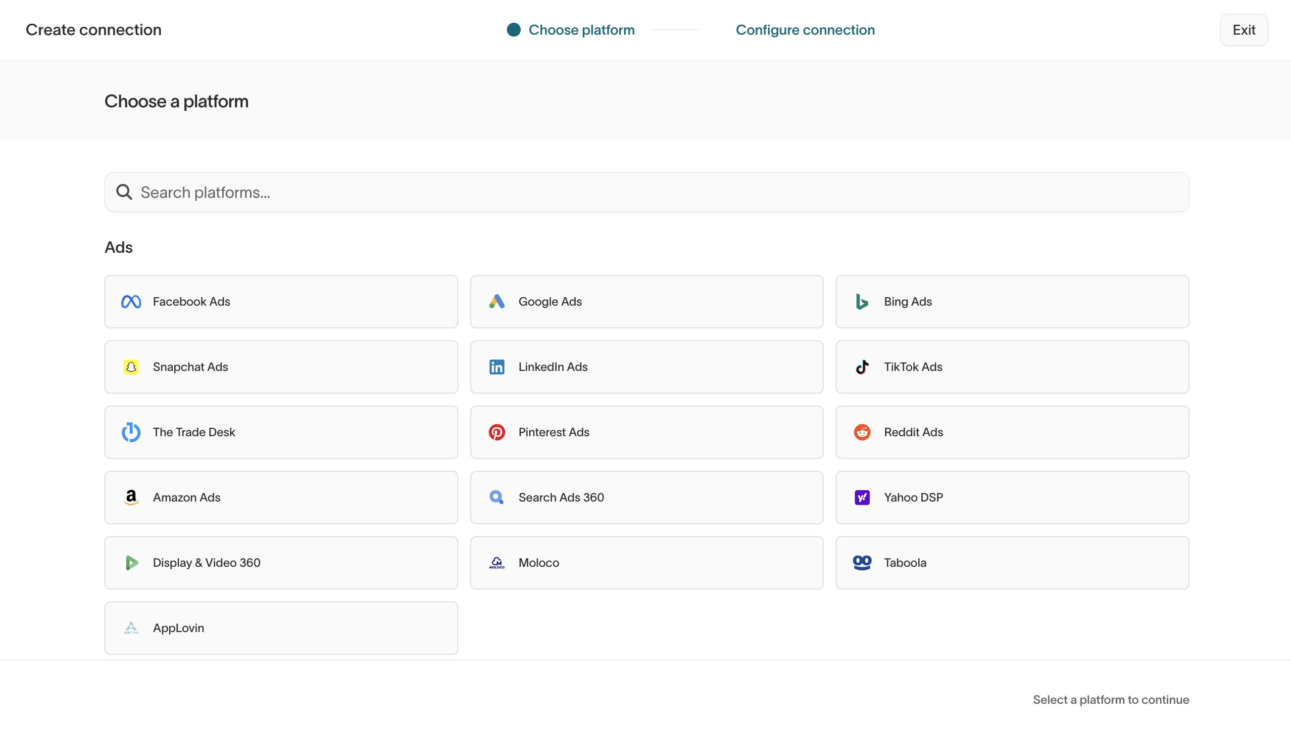 Create connection wizard listing ad platforms under Ads, with a platform search box