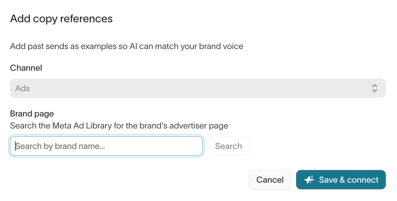 Add copy references dialog for Ads with a Meta Ad Library brand page search and Save & connect