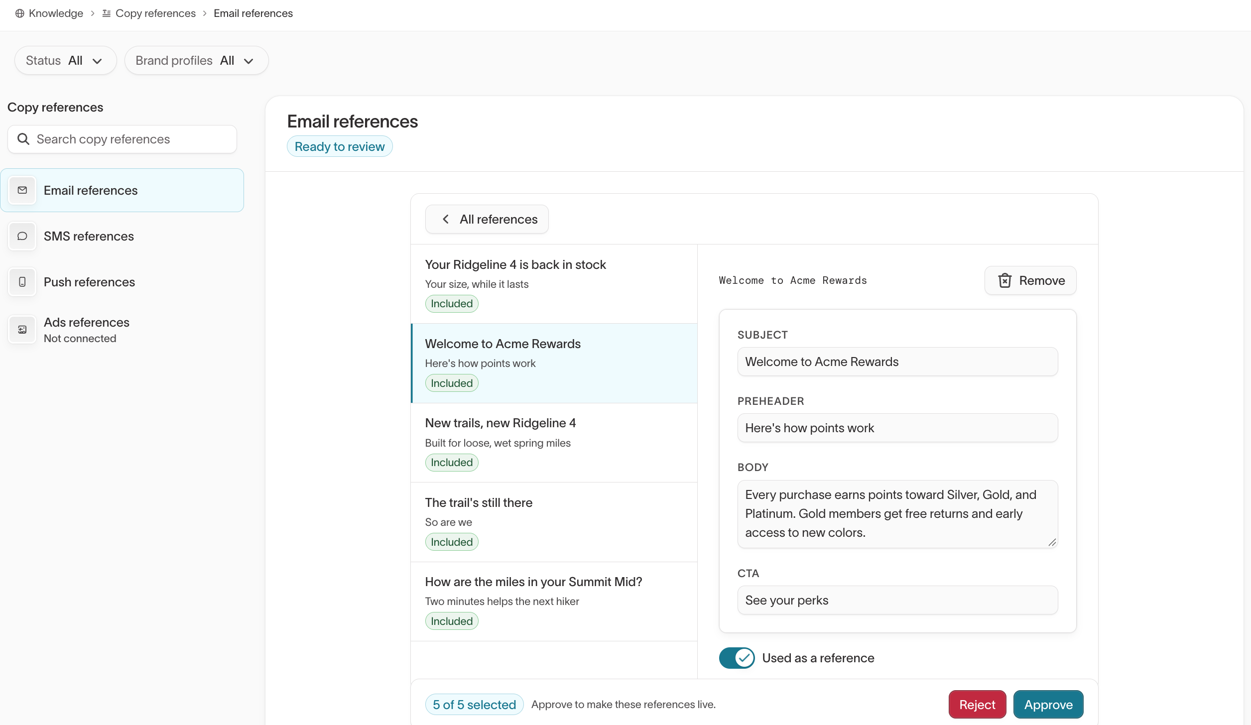 Email reference open for editing, with Subject, Preheader, Body, CTA, Used as a reference, and Remove