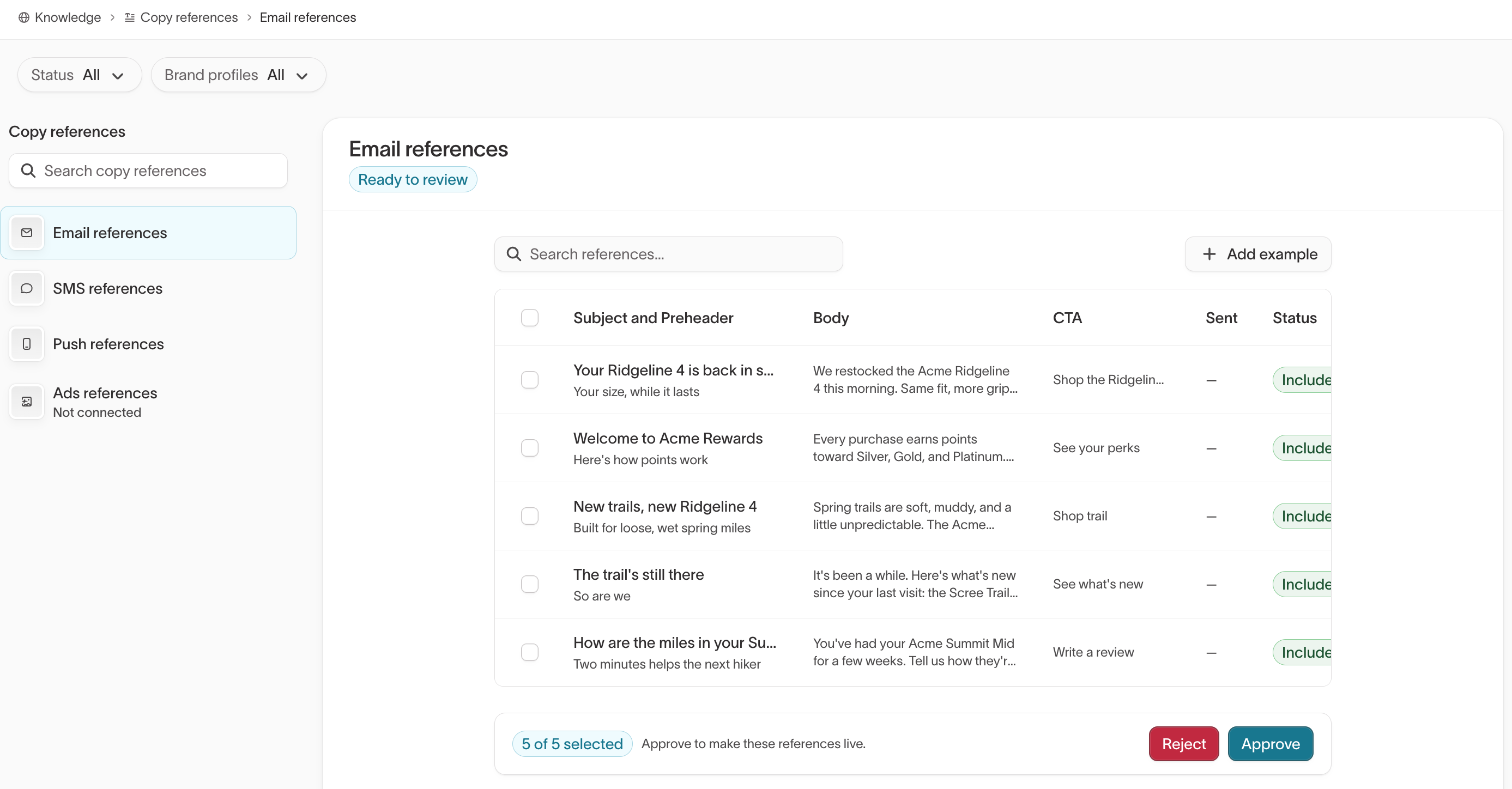 Email references ready to review, with Add example and the Reject and Approve buttons