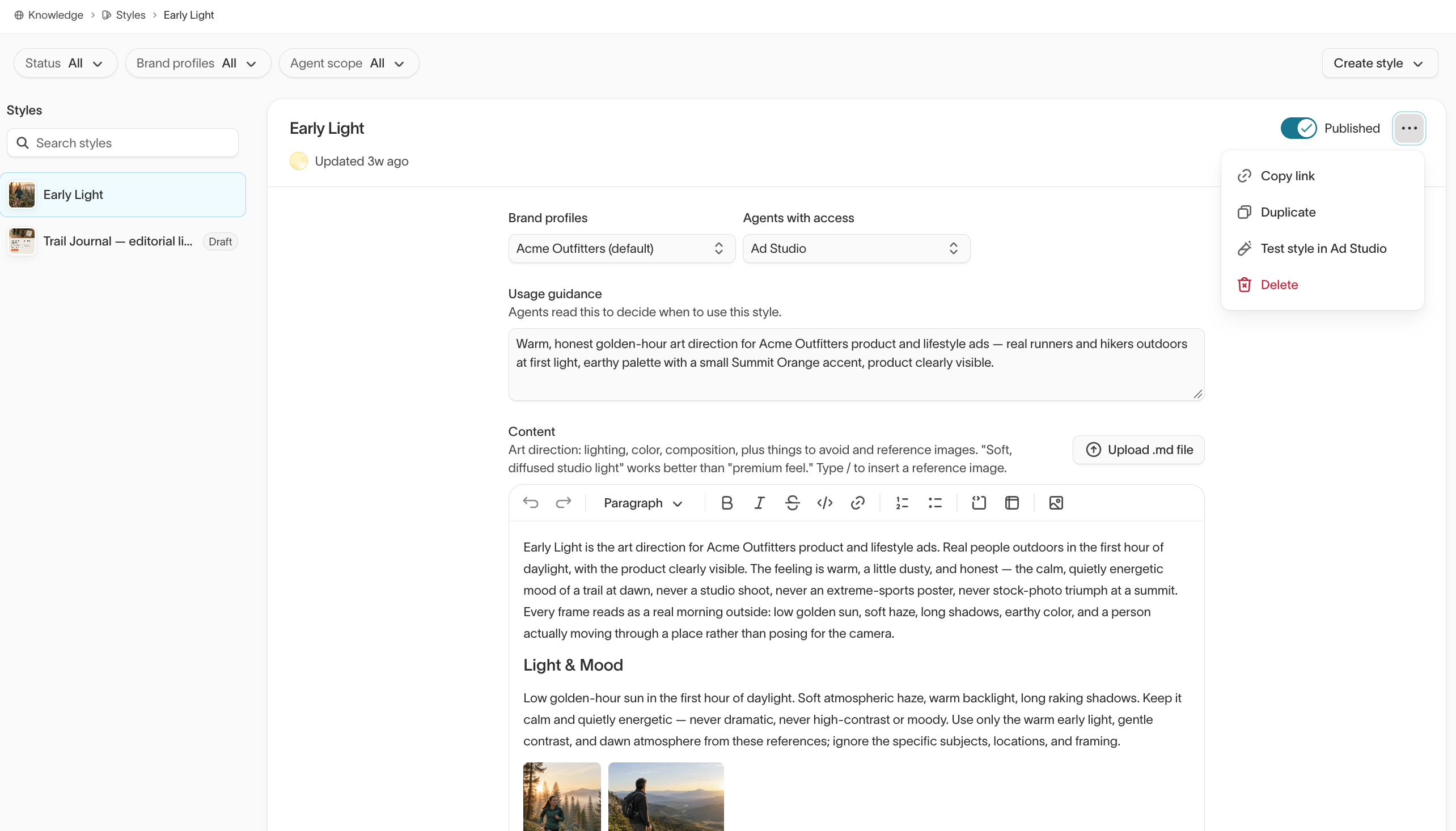Style detail page with Published turned on and the actions menu open to Test style in Ad Studio
