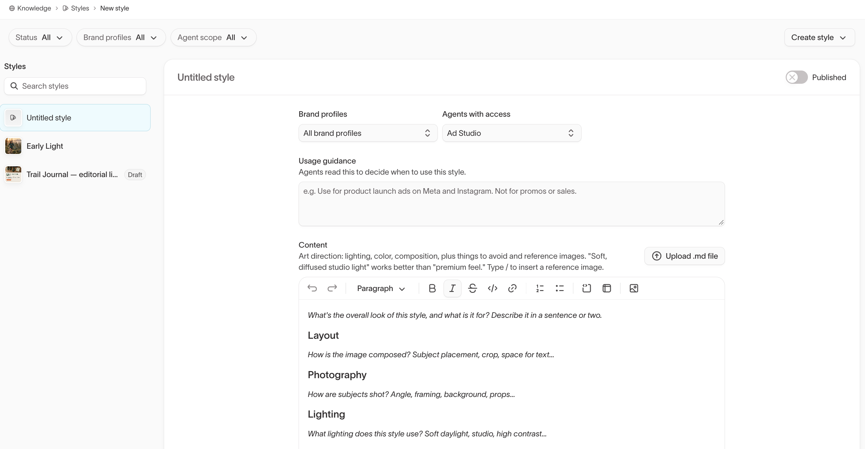New style with Brand profiles, Agents with access set to Ad Studio, Usage guidance, and the Content template