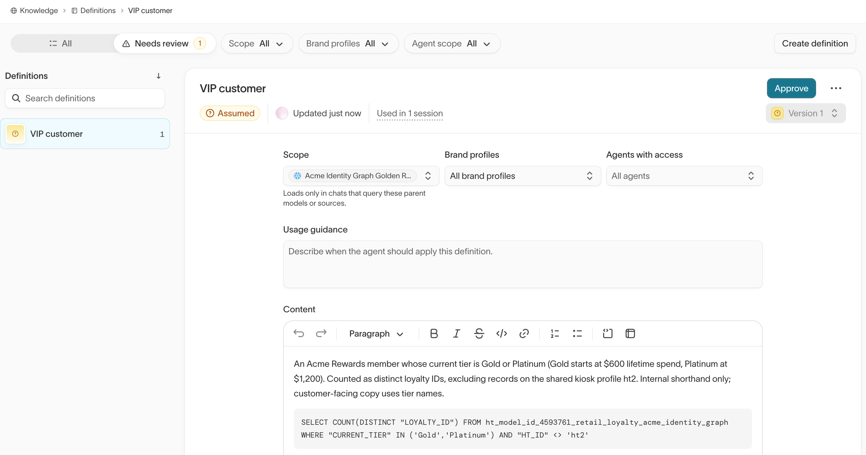Assumed VIP customer definition opened from the Needs review filter, with the Approve button