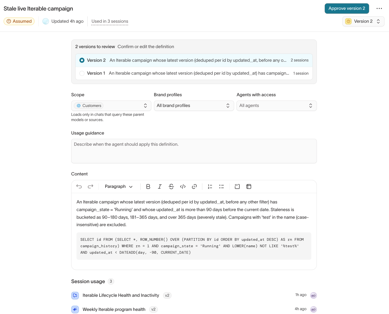Assumed definition with two versions to review and the Approve version 2 button