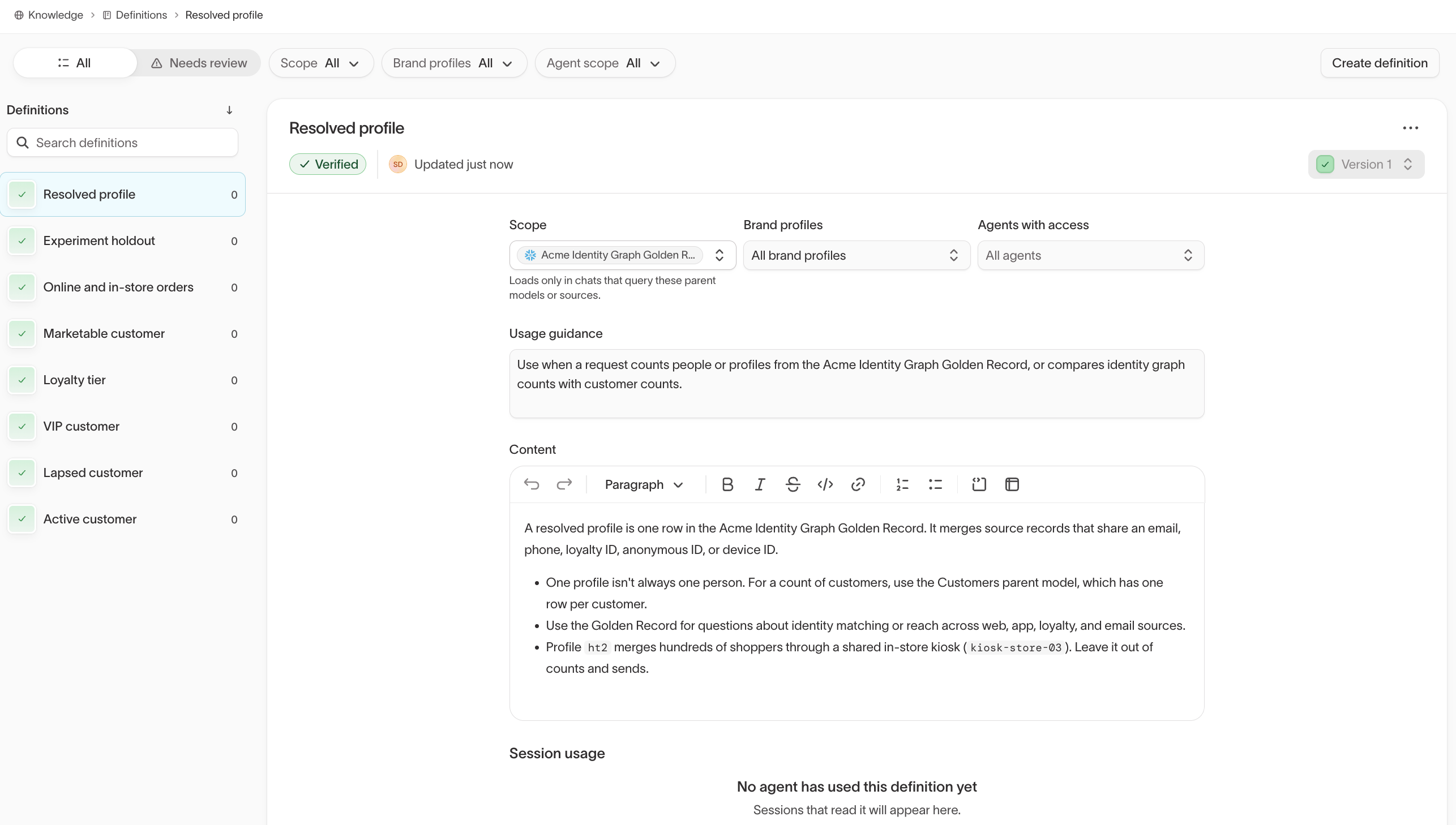 Definition detail scoped to a parent model, with Brand profiles, Agents with access, and Usage guidance