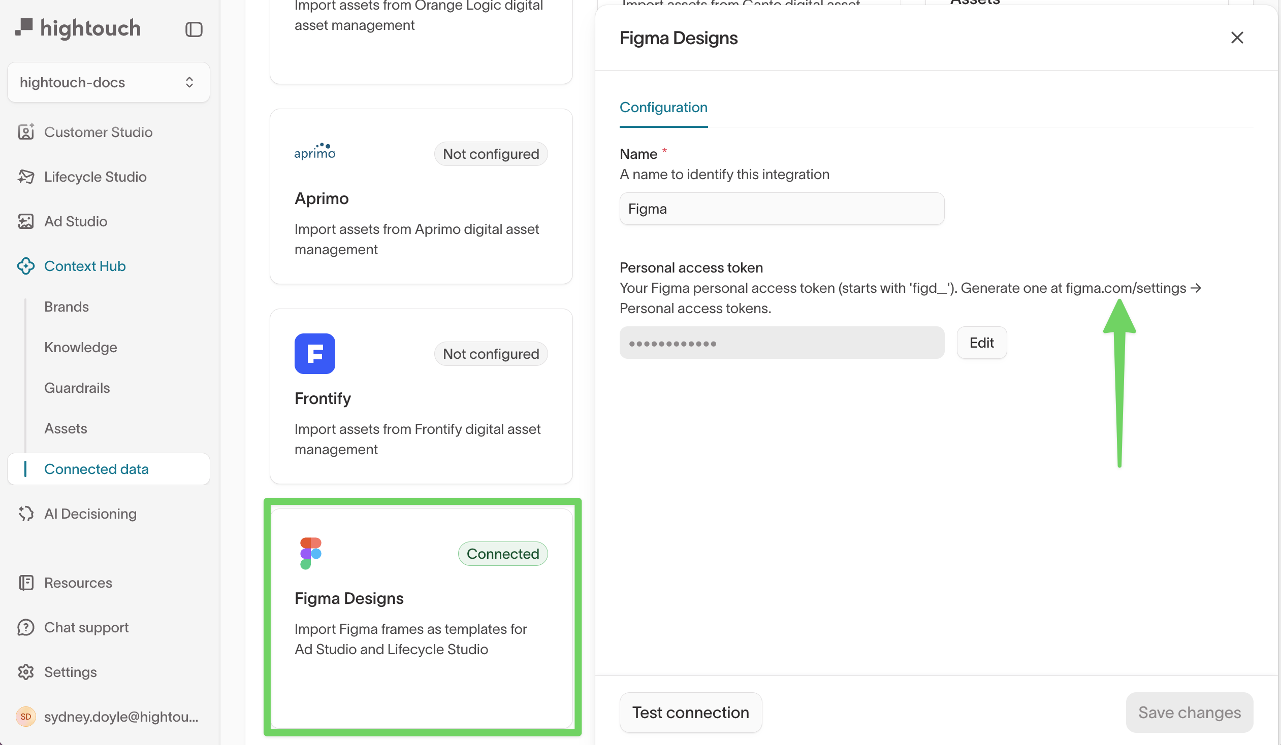 Figma Designs card showing Connected, with its configuration panel open
